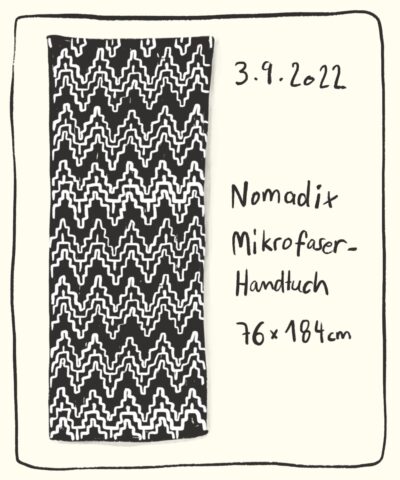Eine Illustration eines dunkelgrauen Handtuchs mit weißem, zackigen bergähnlichen Muster über die gesamte Fläche. Die Maße sind 76 mal 184 Zentimeter.